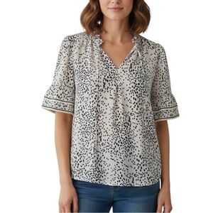 Max Studio Black Cream Animal Print Double Ruffle Tassel Blouse Top Large